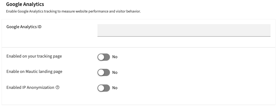 在 Mautic Tracking Settings 中填写 Google Analytics ID