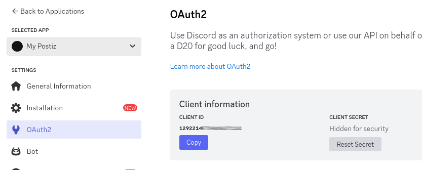 复制 Discord Client ID 和 Client Secret