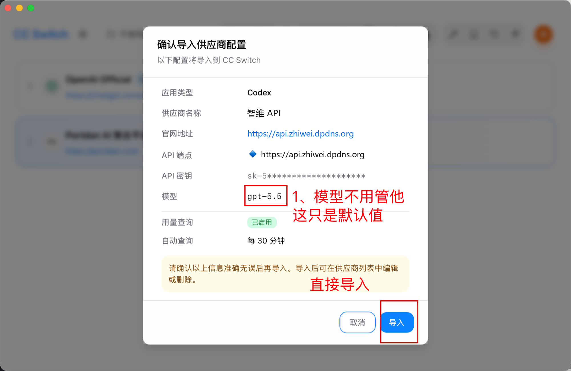 CC Switch 导入确认窗口,显示 智维 供应商名称、API Key 和默认模型
