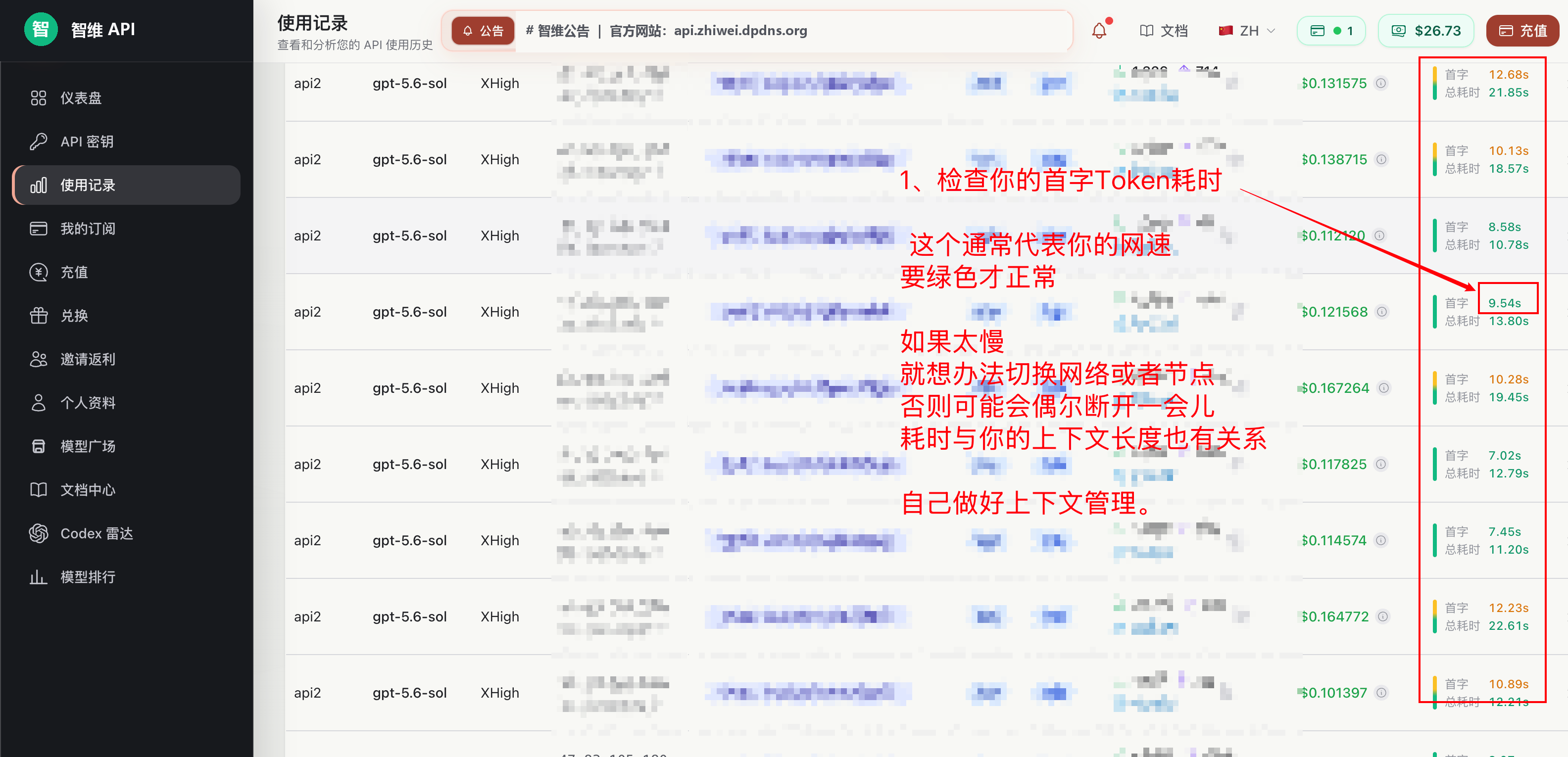 智维 使用记录页面,红色标注首字耗时和绿色请求状态